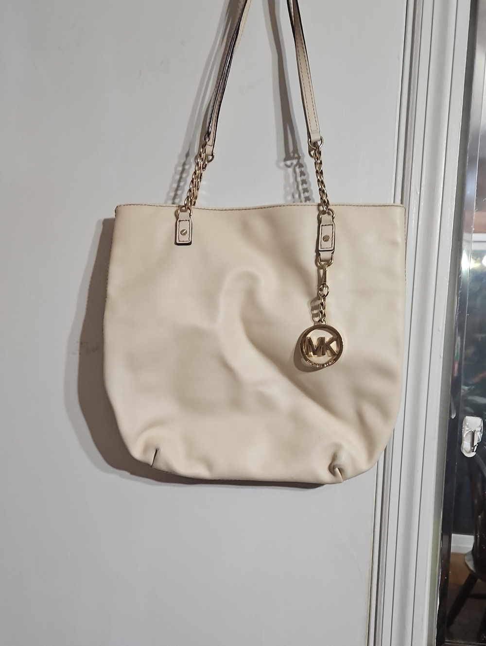 Michael Kors Ivory Leather Tote with Gold MK Charm